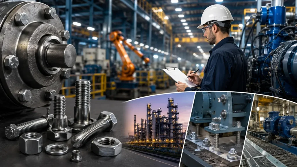 Fixadores industriais em equipamentos de uma fábrica para reduzir paradas não planejadas