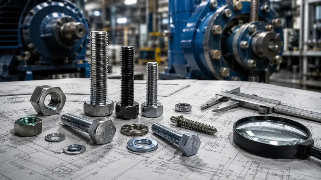 Parafusos industriais e elementos de fixação sobre projeto técnico